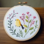 Close-up of an embroidered artwork featuring a yellow bird, pink flowers, and green trees