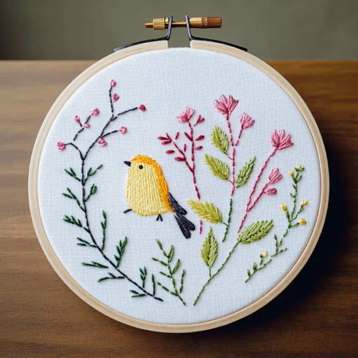 Close-up of an embroidered artwork featuring a yellow bird, pink flowers, and green trees