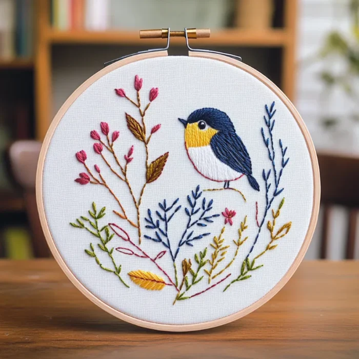 Close-up of an embroidered artwork featuring yellow, white, and blue birds with colorful blooming branches and flowers