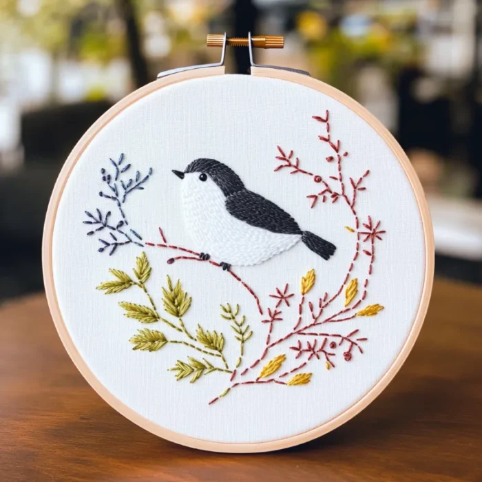 Close-up of an embroidery artwork featuring a bird perched on a tree branch