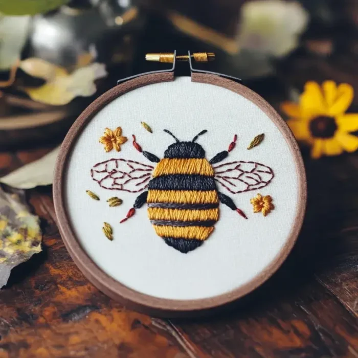 Close-up of bee and flower embroidery artwork