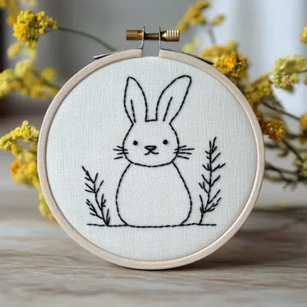 Close-up of black and white line art rabbit embroidery design
