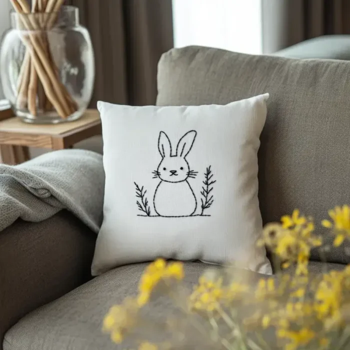 Cozy scene with sofa, embroidered pillow, and yellow floral decorations