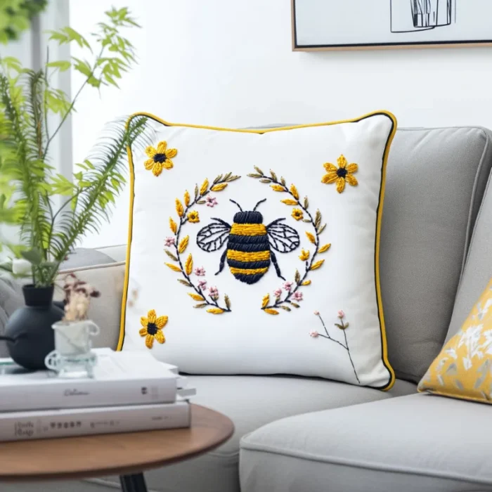 Delicate bee embroidery pillow on a gray sofa in a bright and cozy living room