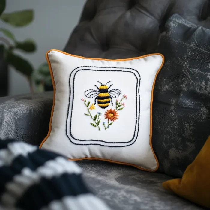 Embroidered throw pillow with bee and flower motif placed on a sofa