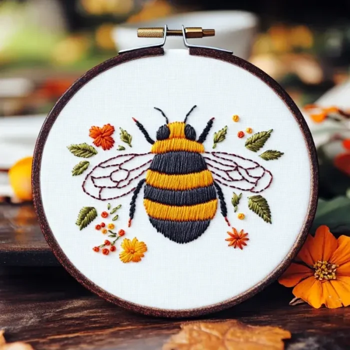 Embroidery artwork of a bee dancing among flowers