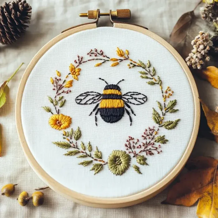 Embroidery artwork of a flying bee in the center of a floral wreath