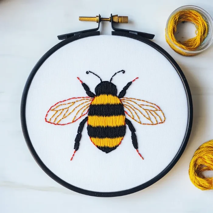 Embroidery hoop holding fabric with a cute bee hand-stitched in the center