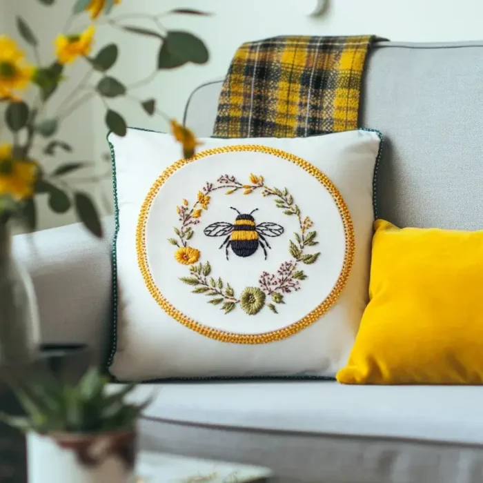 Gray sofa with embroidered pillow, mustard yellow cushion, and plaid throw blanket
