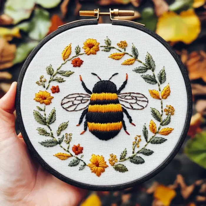 Hand holding a bee and floral wreath embroidery artwork