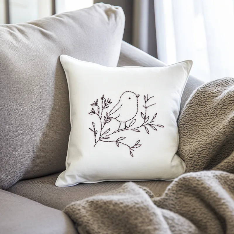 Light-colored sofa in a serene minimalist room, decorated with a line art embroidered pillow Winter Simple Bird on Branch Digital Embroidery Pattern - Image 3