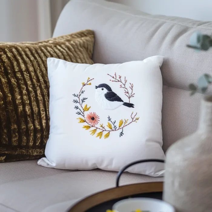 Minimalist gray sofa with a golden pillow and a white fabric pillow embroidered with a bird and branch design