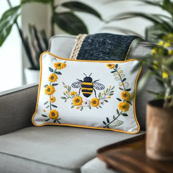 Rectangular bee and chrysanthemum embroidered pillow on a gray sofa