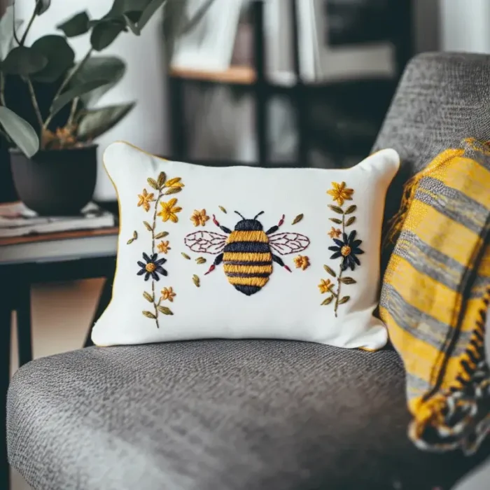 Rectangular embroidered pillow and folded blanket placed on a soft chair