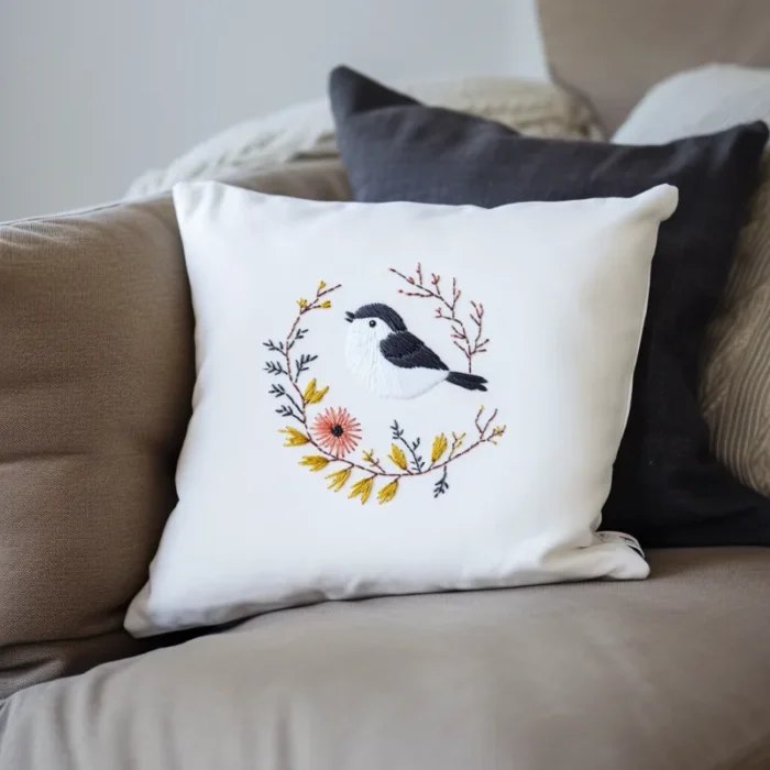 Sofa decorated with black, white, and gray pillows in a cozy and harmonious setting