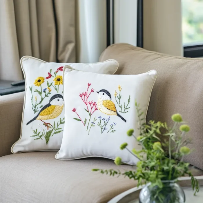Two bird and floral embroidery pillows on the sofa