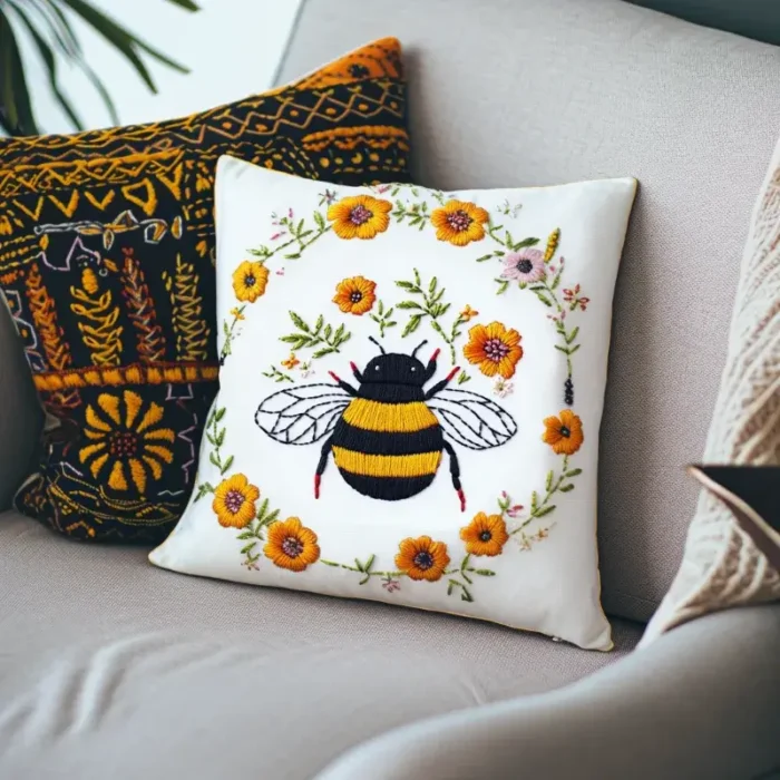 Two colorful embroidered pillows placed on a light gray sofa