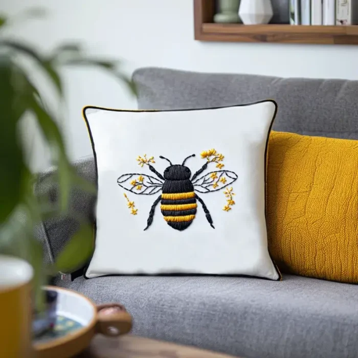 White fabric pillow with bee embroidery and a solid yellow pillow on a gray sofa