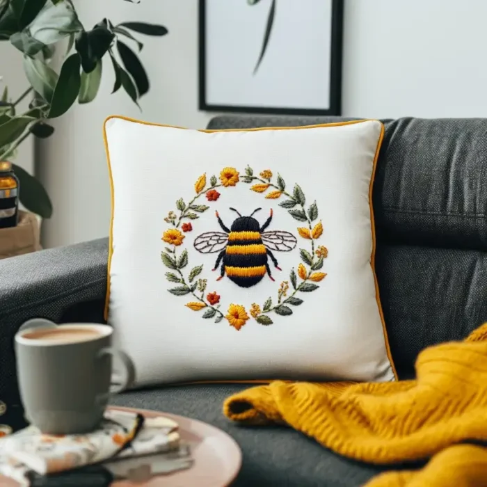 White fabric pillow with bee wreath embroidery and yellow throw on a dark gray sofa