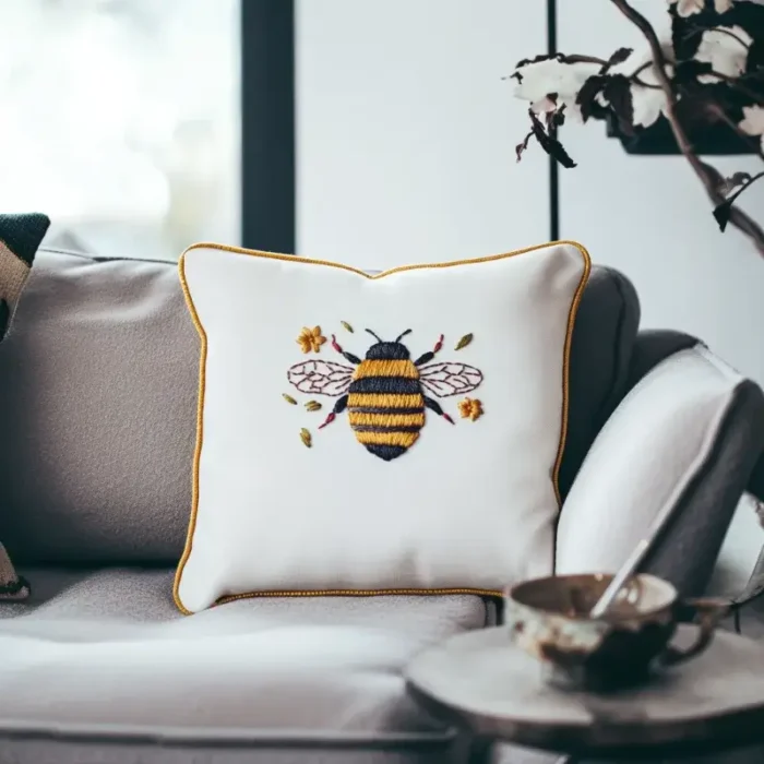 White pillow with bee and flower embroidery placed on a gray sofa