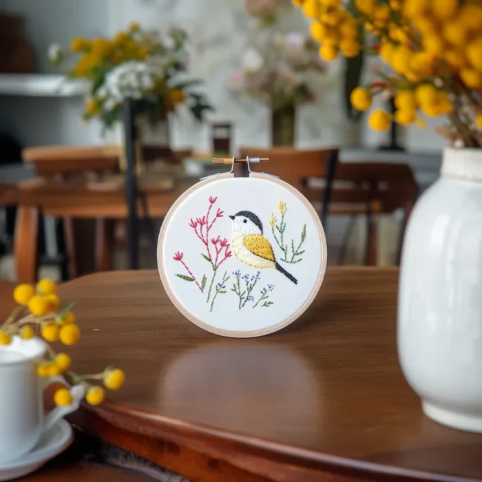 Yellow Bird and Plant Printable Embroidery Artwork Placed on the Table