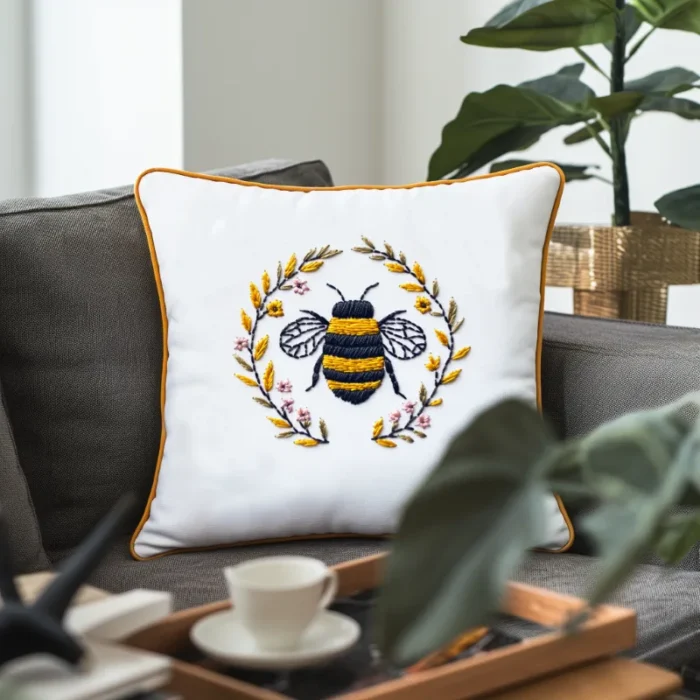 Leafy foreground, with a bee wreath embroidered pillow on a sofa and a potted plant in the background
