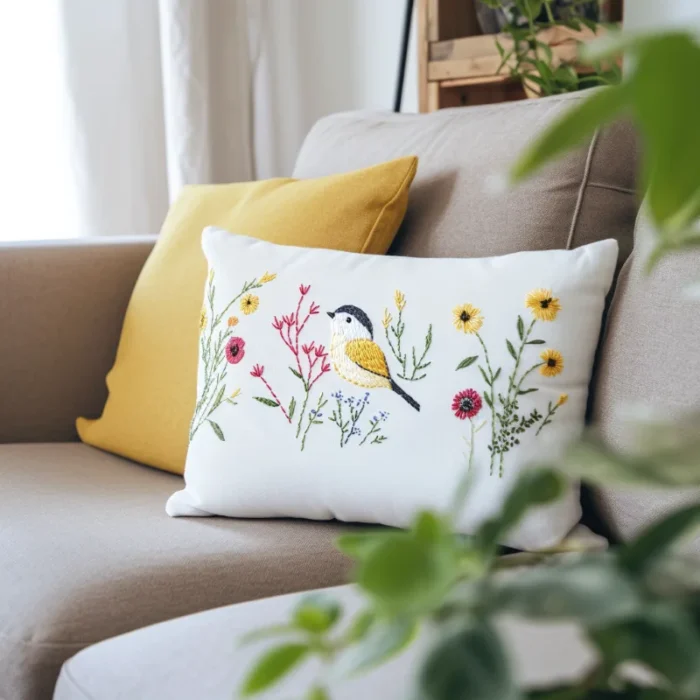 A solid yellow pillow and a rectangular bird and floral embroidery pillow on the sofa