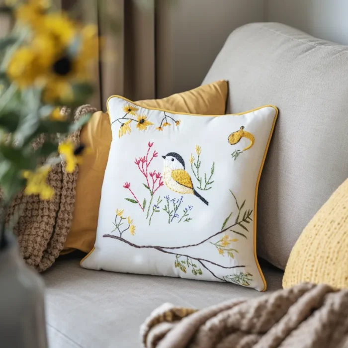 The image features a blurred foreground of daisy decorations, with embroidered pillows and a knitted blanket on the sofa