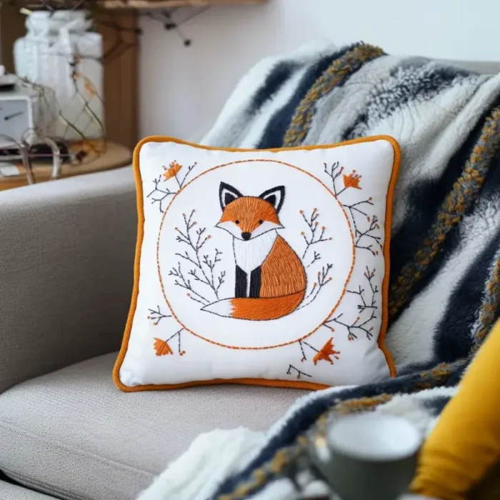 A sofa with an embroidered pillow and a small blanket, creating a cozy atmosphere