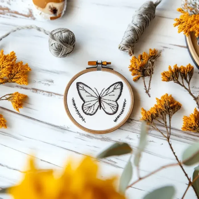 Black and white thread butterfly embroidery artwork on a tabletop