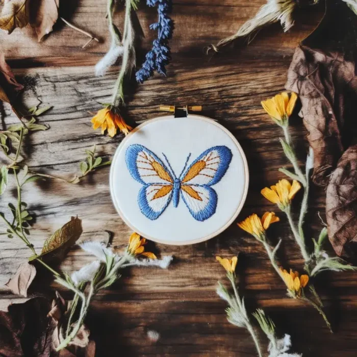 Blue, white, and yellow butterfly embroidery placed on a table with flower and leaf decorations