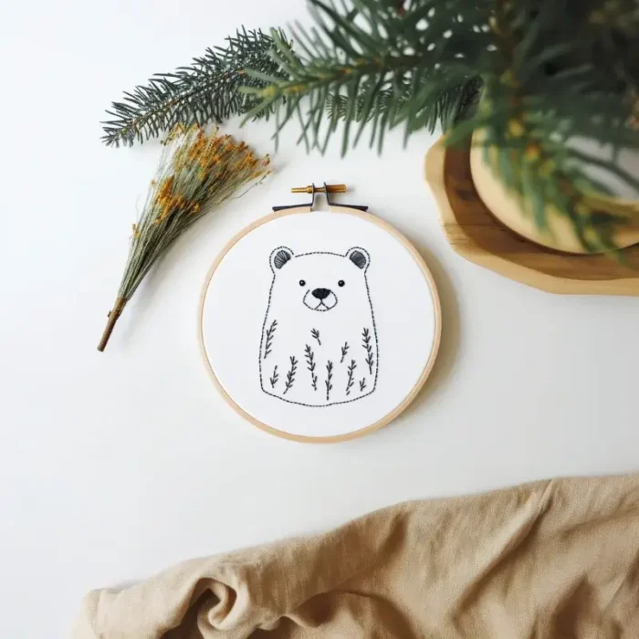 Brown bear and wild grass embroidery piece on white floor with decorative plants and fabric