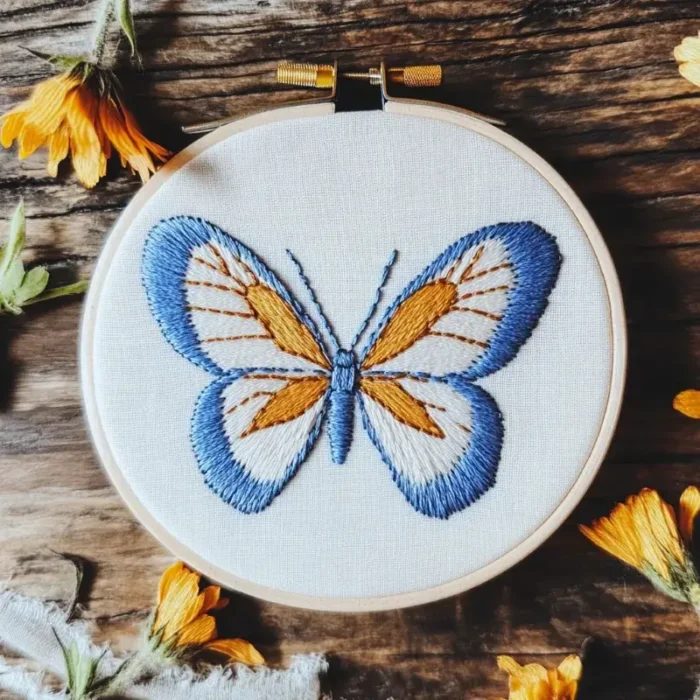 Close-up of a butterfly embroidery in blue, white, and yellow threads