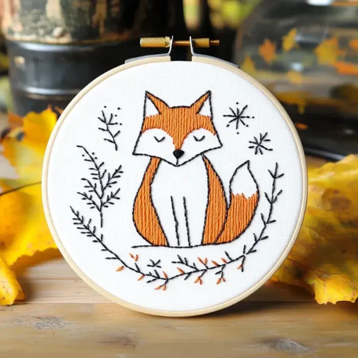 Close-up of a cute sleeping fox embroidery artwork