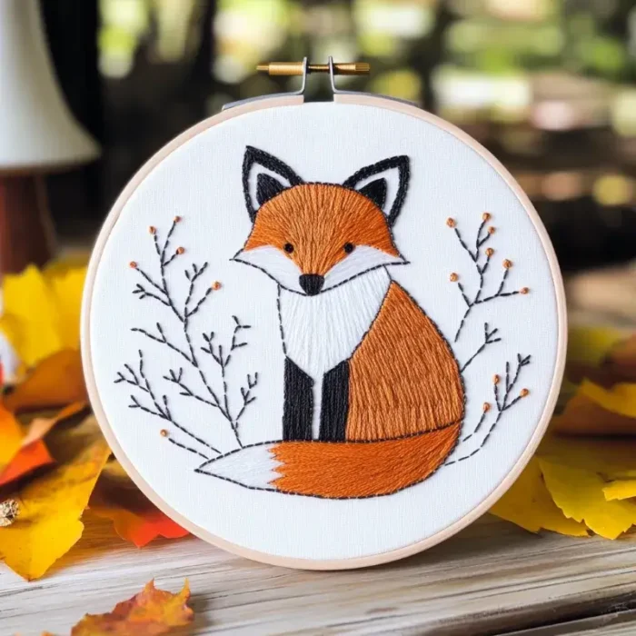Close-up of a fox embroidery artwork placed on a wooden board