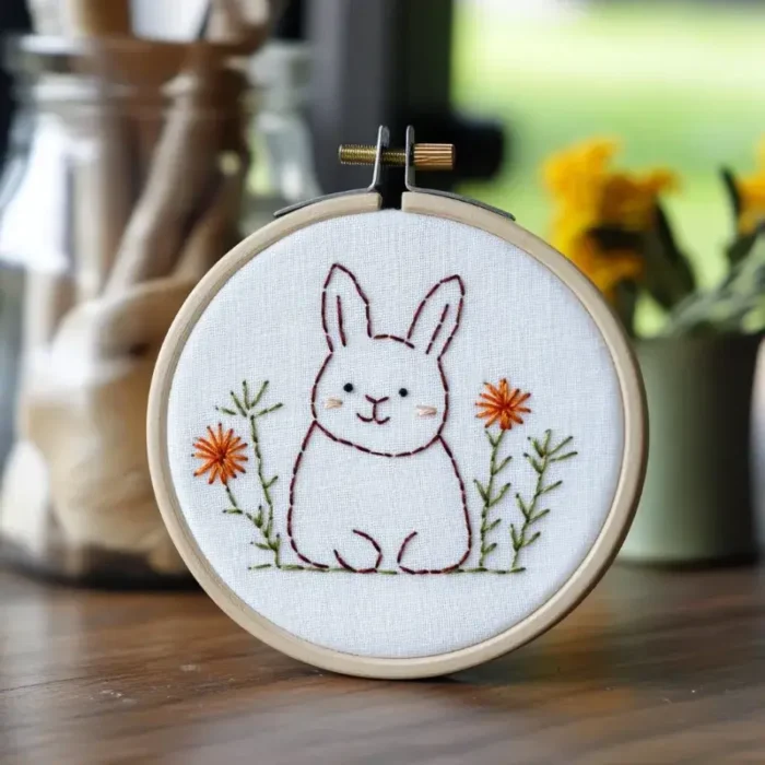 Close-up of cute rabbit and wild grass embroidery design