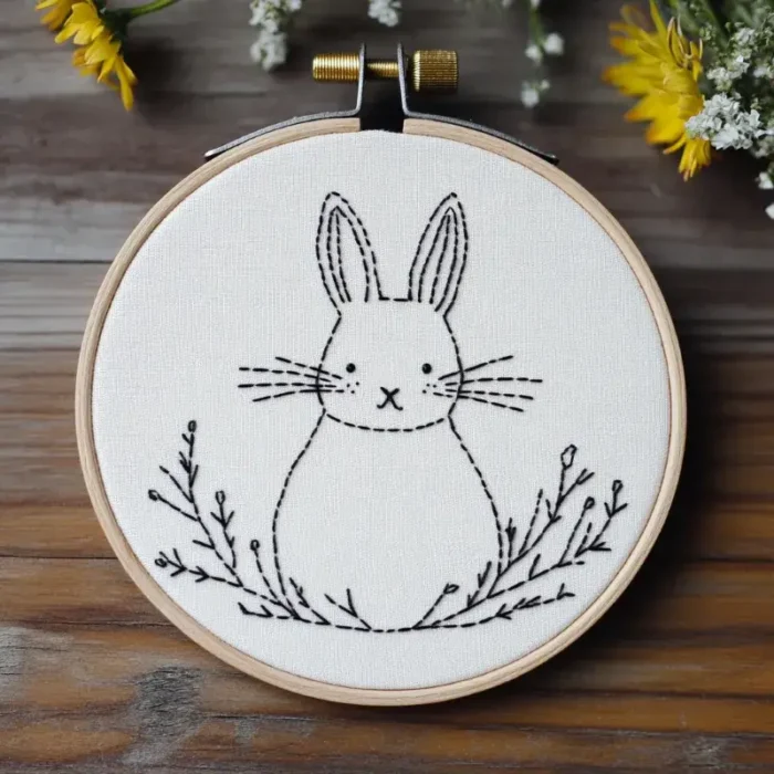 Close-up of cute rabbit embroidery with black lines