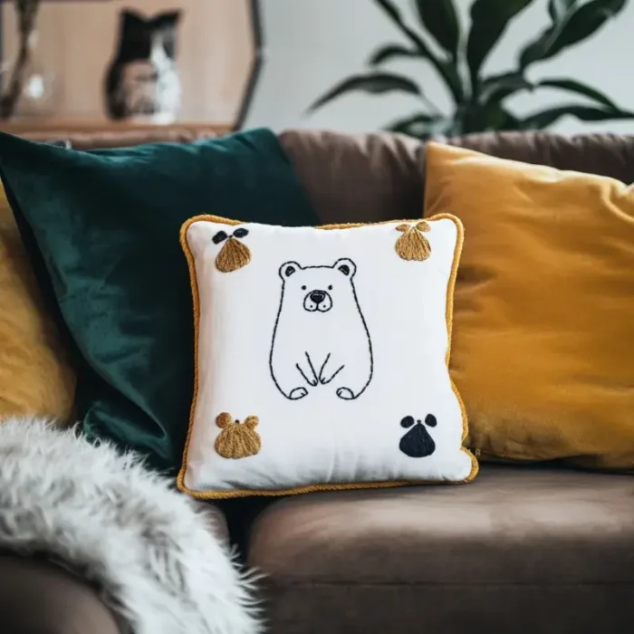 Sofa with several cushions, one of which features a cute bear design