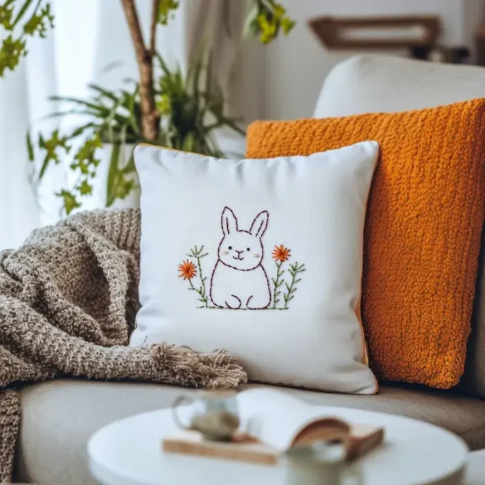 Two pillows and a knitted blanket on a sofa