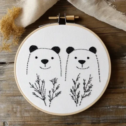 Two smiling bear hand embroidery pieces displayed on a tabletop