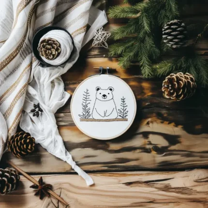 Bear embroidery artwork centered in the frame, decorated with pinecones and pine branches for a woodland vibe