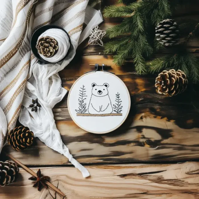 Bear embroidery artwork centered in the frame, decorated with pinecones and pine branches for a woodland vibe