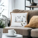 Bright and cozy room with a khaki sofa, featuring a khaki-edged bear pillow and a plush cushion
