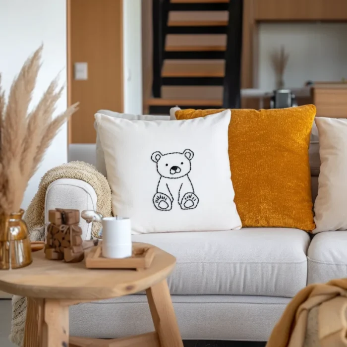 Cozy living room with a sofa decorated with throw pillows and a coffee table in front