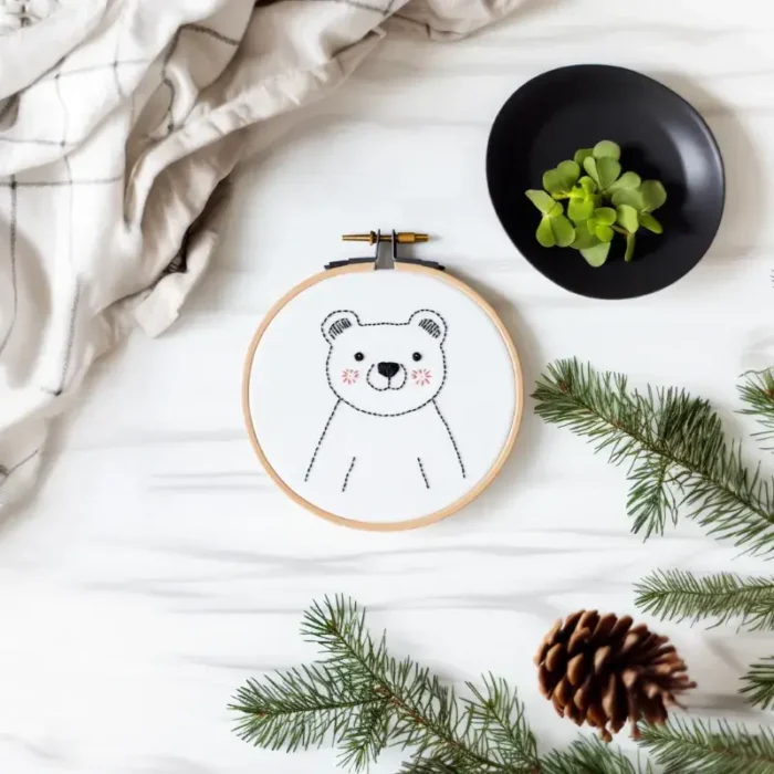 Cute bear embroidery artwork centered in the frame, surrounded by pine branches and a pinecone