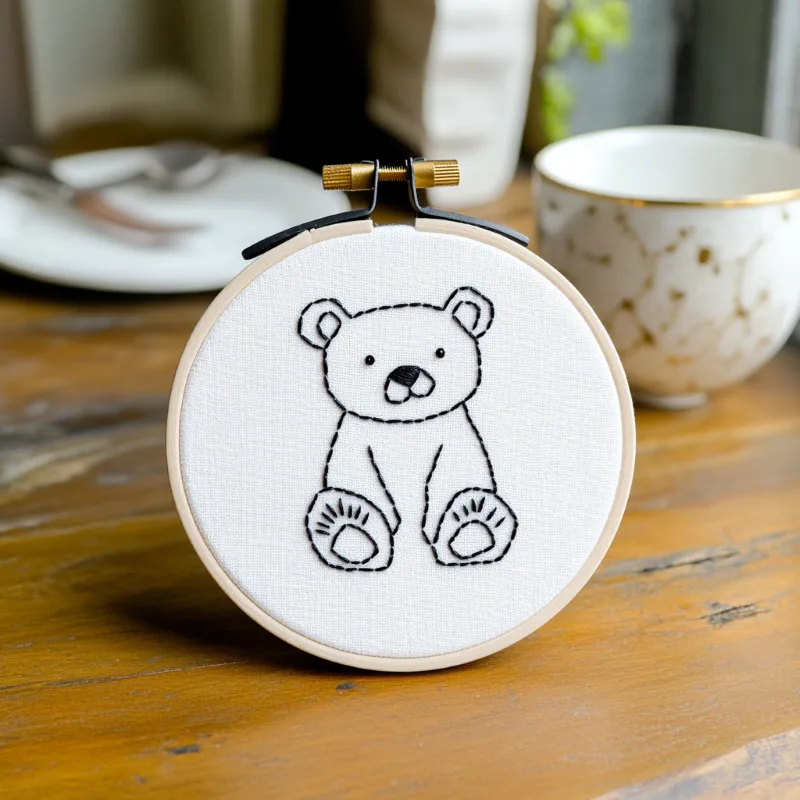 Handmade embroidery of a cute, chubby bear displayed on a tabletop