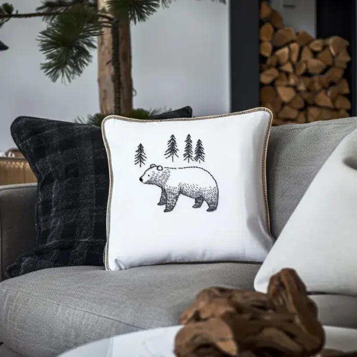 Rustic living room with a gray sofa, a black plaid pillow, and a white bear embroidery pillow with black line art