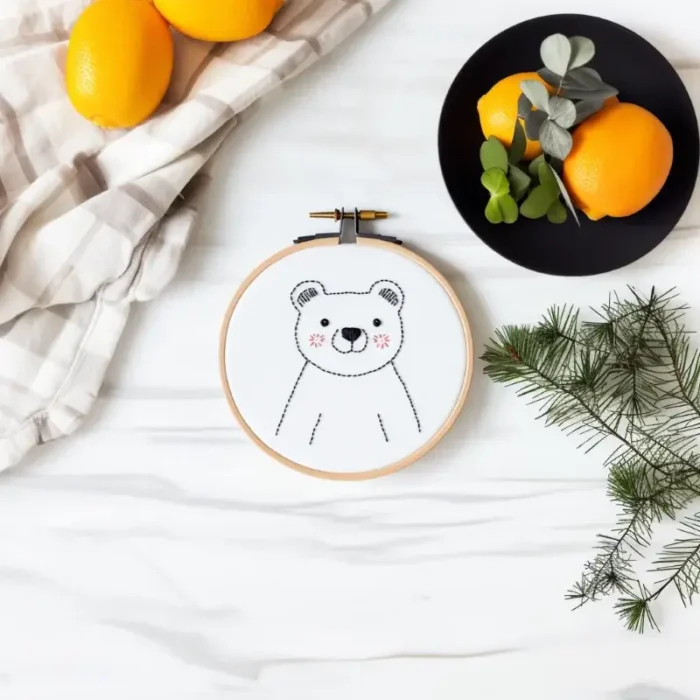 Smiling bear embroidery with rosy cheeks placed in the center, decorated with lemons on a plate