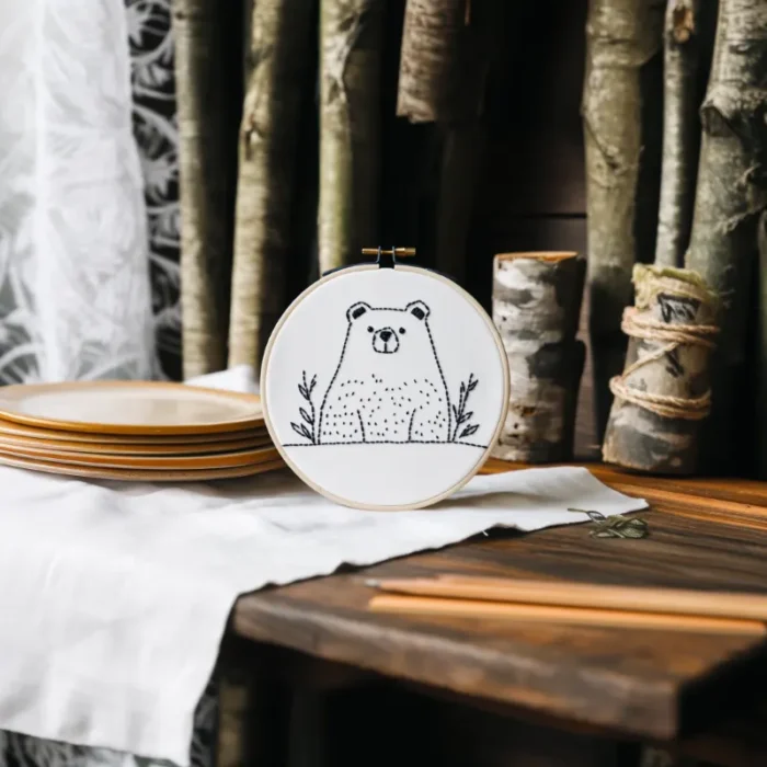 Table with hand bear embroidery artwork, white fabric, paint palette, brushes, sheer curtains, and wooden decor