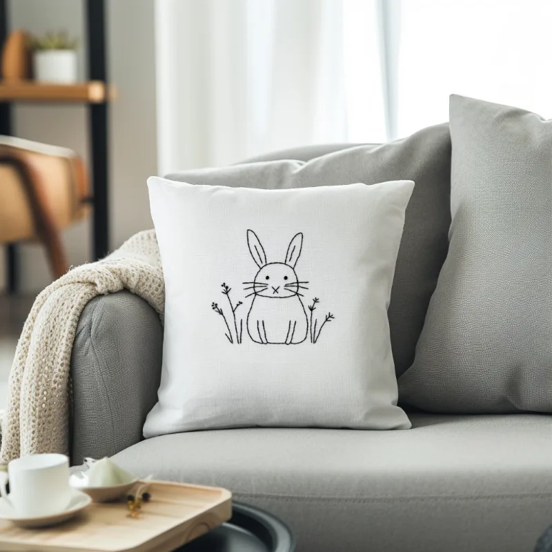 Minimalist modern living room with a sofa featuring a white pillow embroidered with a rabbit in black lines Minimalist modern living room with a sofa featuring a white pillow embroidered with a rabbit in black lines